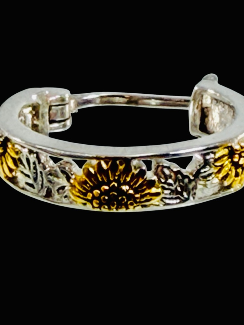 Poplyke Sterling Silver 925 Sunflower Hoop Earrings Floral Hinge Back Snap Close - Picture 5 of 10
